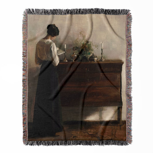 Victorian Aesthetic woven throw blanket, made of 100% cotton, featuring a soft and cozy texture with a woman reading theme for home decor.