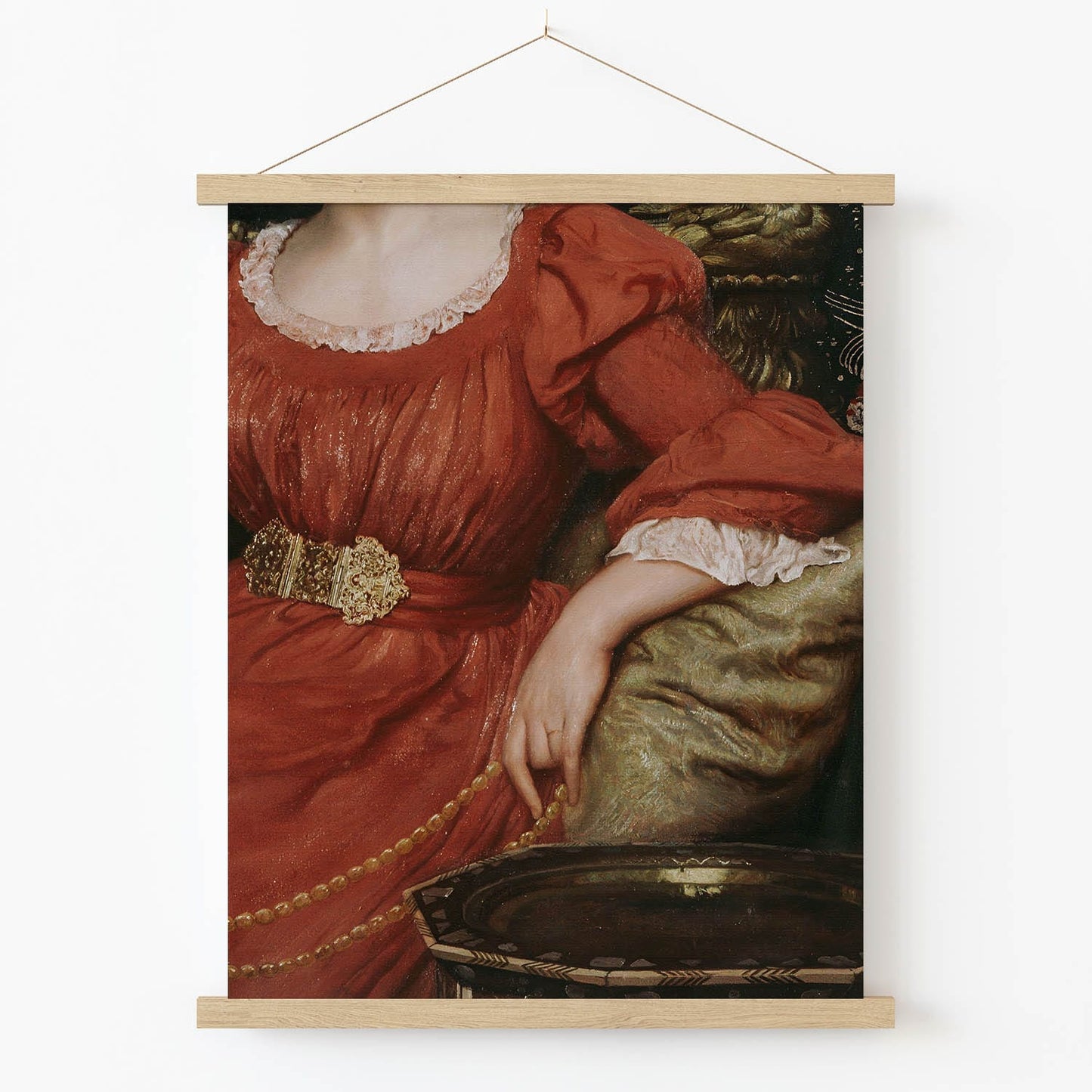 Woman Posing in the Red Dress Art Print in Wood Hanger Frame on Wall