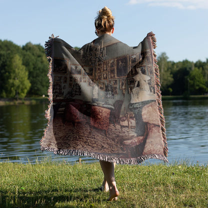 Aesthetic Victorian Woven Throw Blanket Held on a Woman's Back Outside