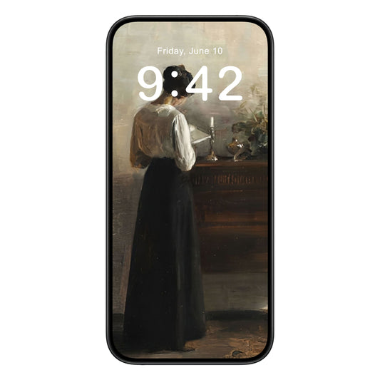 Victorian Aesthetic phone wallpaper background with woman reading design shown on a phone lock screen, instant download available.