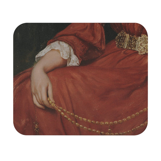 Aesthetic Victorian Mouse Pad showcasing a woman in red vintage attire, adding flair to desk and office decor.