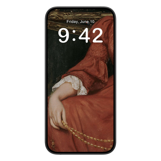 Aesthetic Victorian phone wallpaper background with woman in red design shown on a phone lock screen, instant download available.