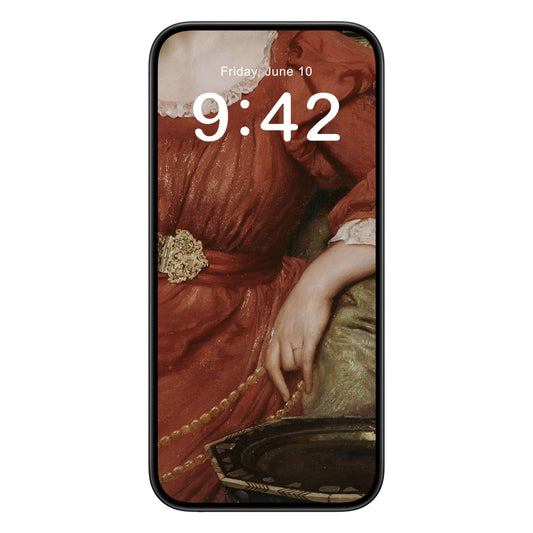 Aesthetic Victorian phone wallpaper background with red dress design shown on a phone lock screen, instant download available.