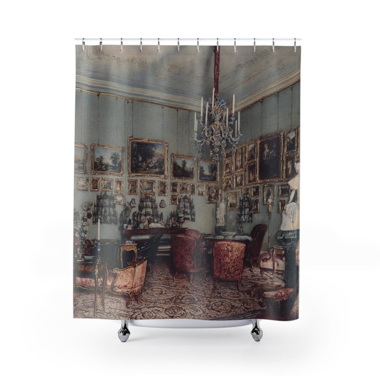 Victorian Decor Shower Curtain with light academia design, scholarly bathroom decor featuring classic Victorian themes.