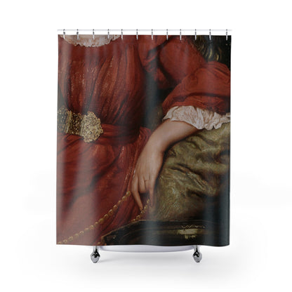 Aesthetic Victorian Shower Curtain with red dress design, classic bathroom decor showcasing Victorian themes.