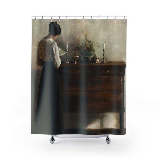 Victorian Aesthetic Shower Curtain with woman reading design, classic bathroom decor featuring a Victorian theme.
