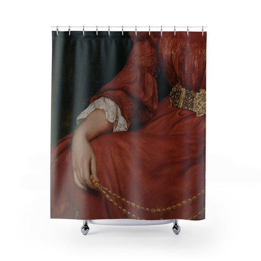 Aesthetic Victorian Shower Curtain with woman in red design, historical bathroom decor featuring Victorian elegance.