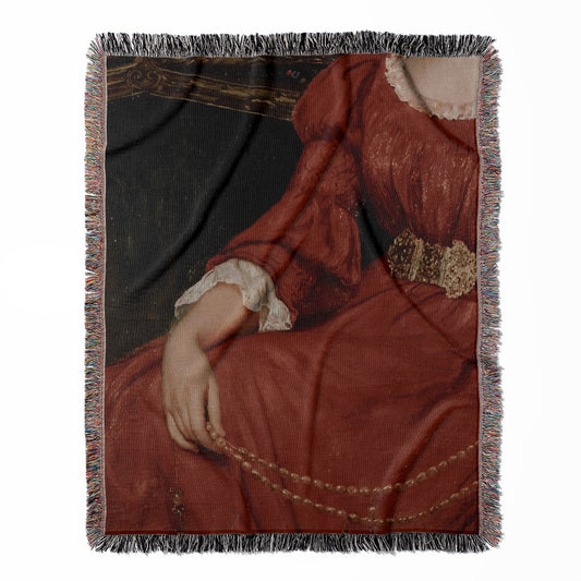Aesthetic Victorian woven throw blanket, made of 100% cotton, featuring a soft and cozy texture with a woman in a red dress for home decor.