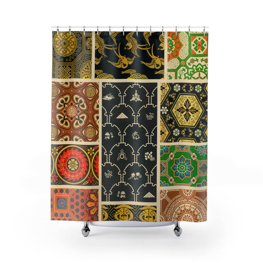 Japanese Patterns Shower Curtain with wallpaper design, cultural bathroom decor featuring traditional Japanese patterns.