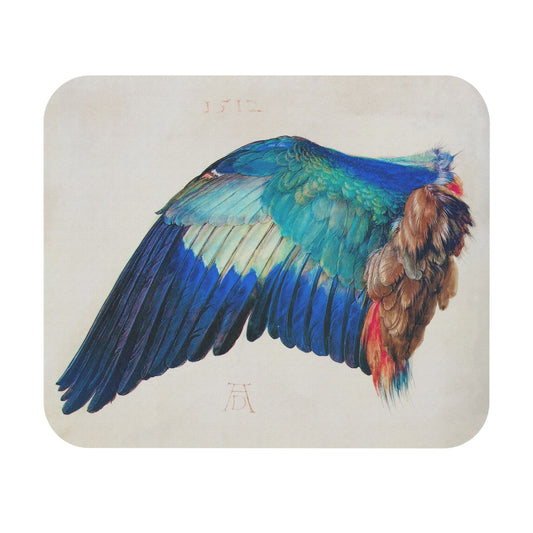 Aesthetic Wing Mouse Pad with blue feathers art, desk and office decor featuring elegant feather designs.