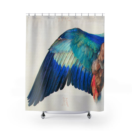 Aesthetic Wing Shower Curtain with blue feathers design, elegant bathroom decor featuring intricate feather patterns.