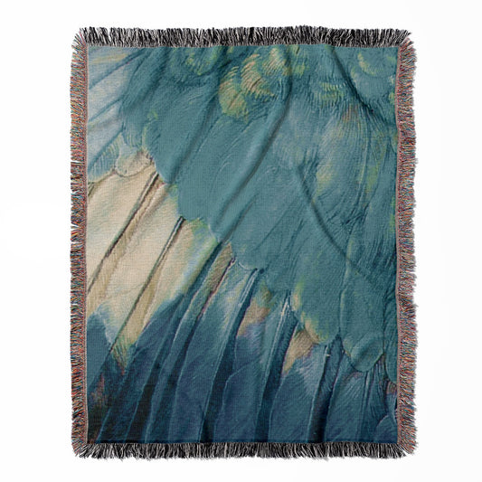 Aesthetic Wing woven throw blanket, made of 100% cotton, delivering a soft and cozy texture with beautiful blue feathers for home decor.