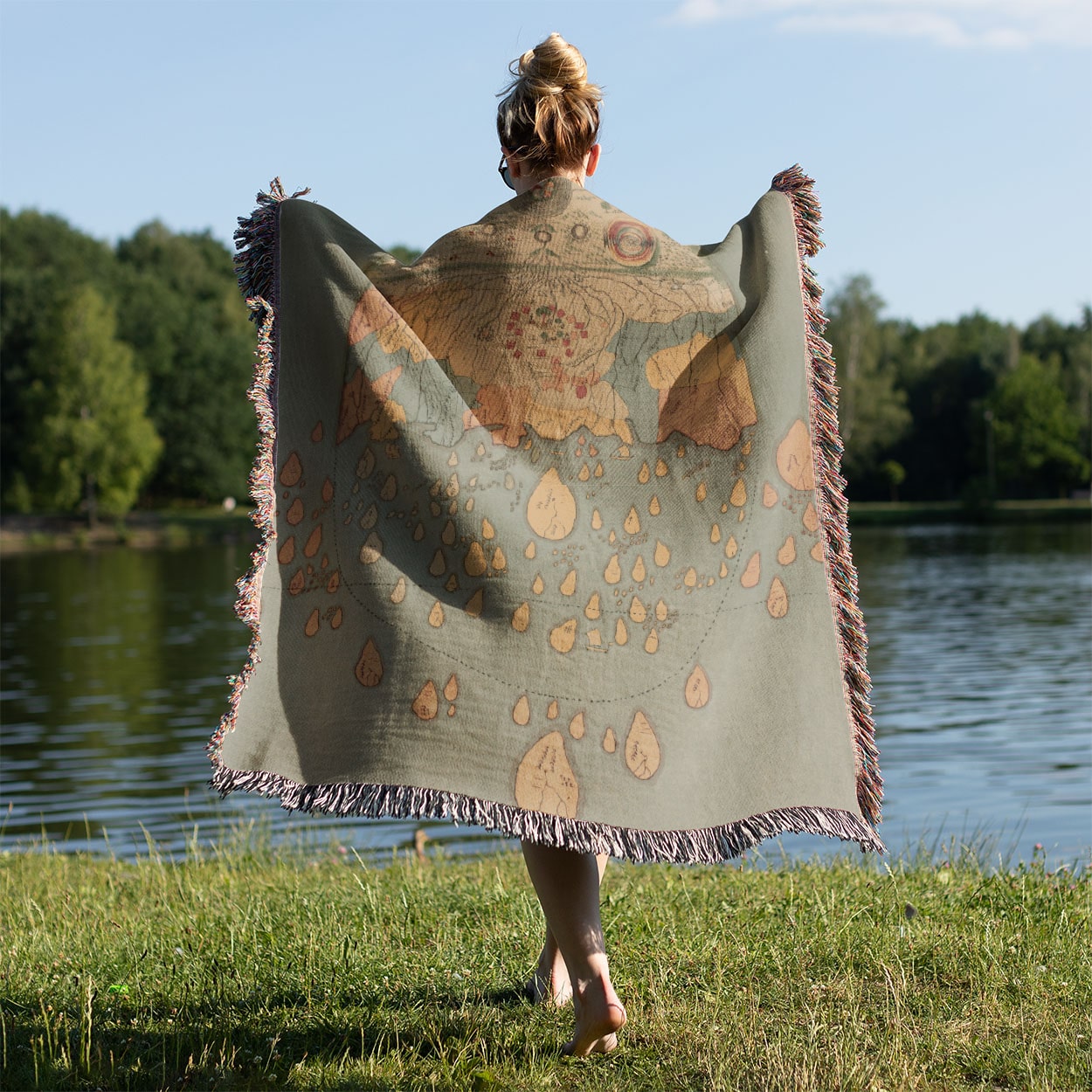 Aincent Drawing of the Earth Woven Blanket Held on a Woman's Back Outside