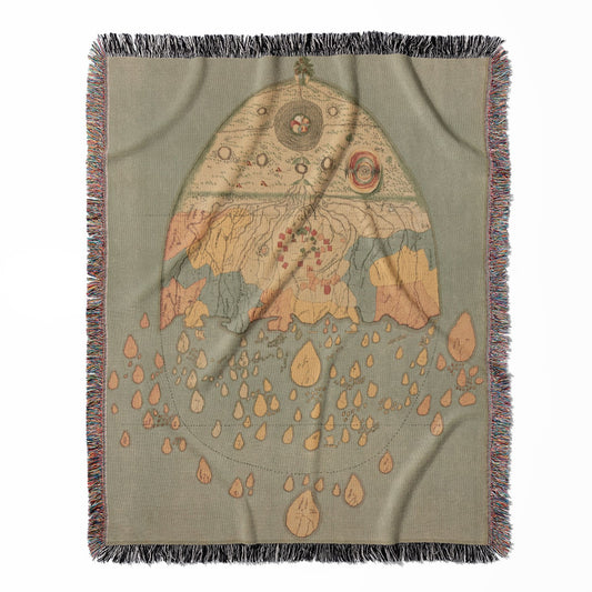 Ancient Drawing of the Earth woven throw blanket, made of 100% cotton, providing a soft and cozy texture with an artistic map theme for home decor.