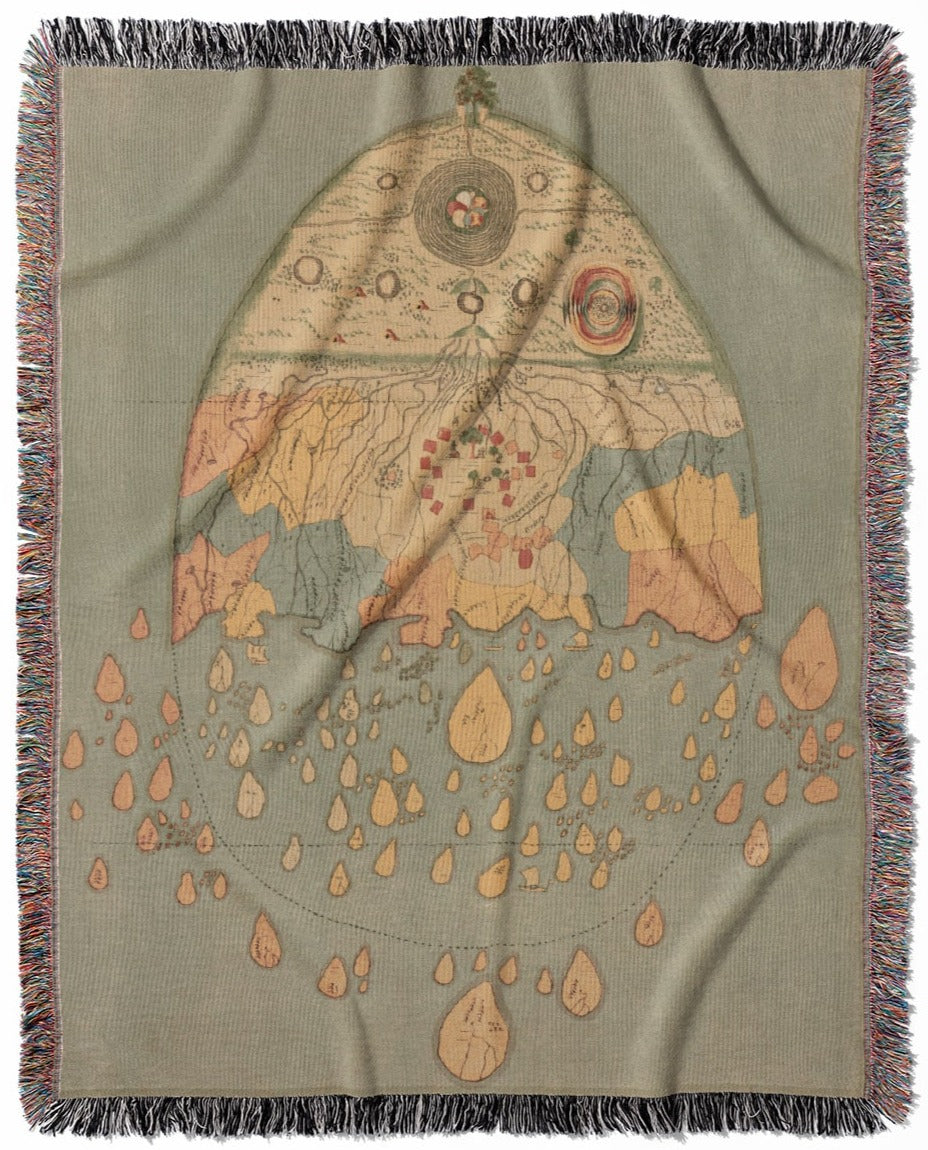 Ancient Drawing of the Earth woven throw blanket, made of 100% cotton, providing a soft and cozy texture with an artistic map theme for home decor.