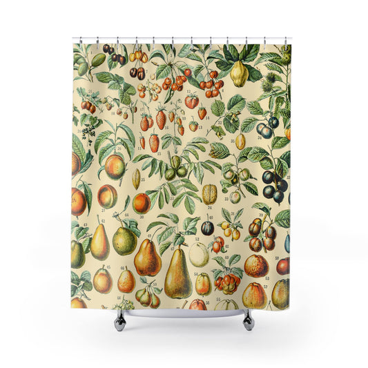 All Sorts of Fruits Shower Curtain with fruits chart design, colorful bathroom decor showcasing various fruit patterns.