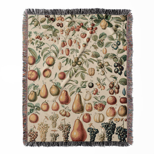 All Sorts of Fruits woven throw blanket, crafted from 100% cotton, offering a soft and cozy texture with a fruits chart for home decor.