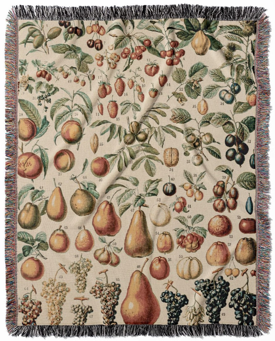 All Sorts of Fruits woven throw blanket, crafted from 100% cotton, offering a soft and cozy texture with a fruits chart for home decor.