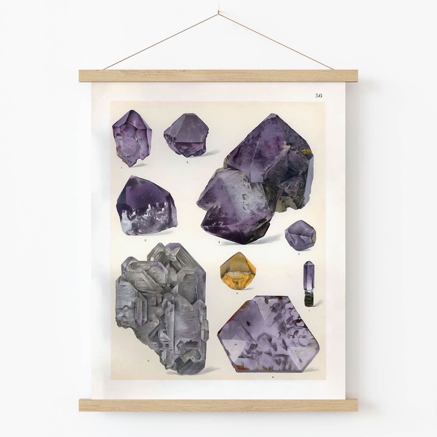 Amethyst Gemstones Art Print in Wood Hanger Frame on Wall