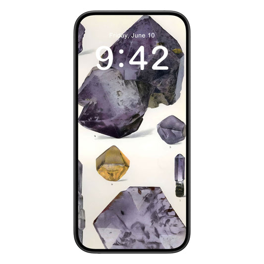 Amethyst Gemstones phone wallpaper background with purple crystals design shown on a phone lock screen, instant download available.