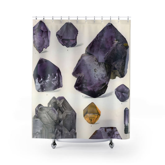 Amethyst Gemstones Shower Curtain with purple crystals design, stylish bathroom decor featuring amethyst designs.
