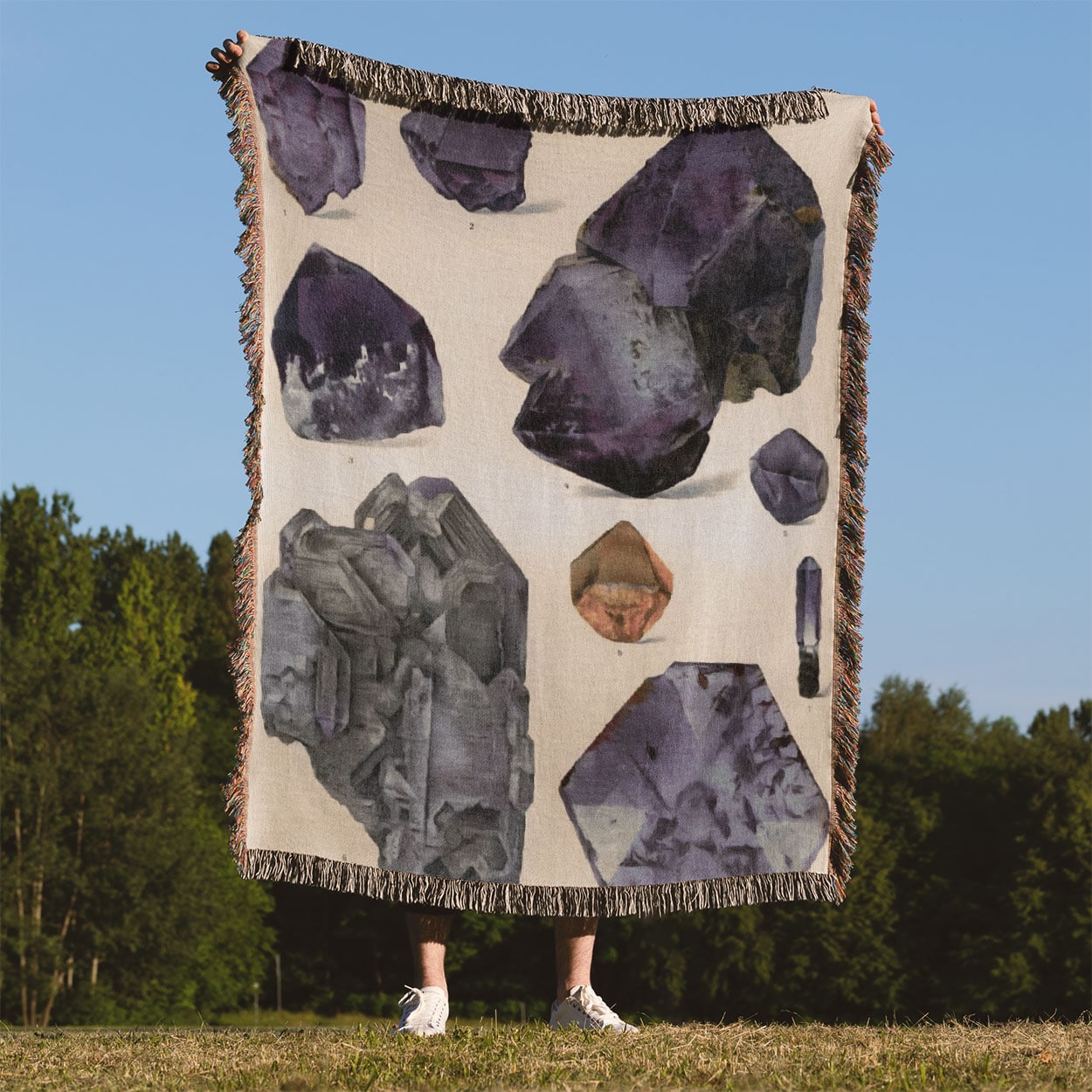 Amethyst Gemstones Woven Blanket Held Up Outside