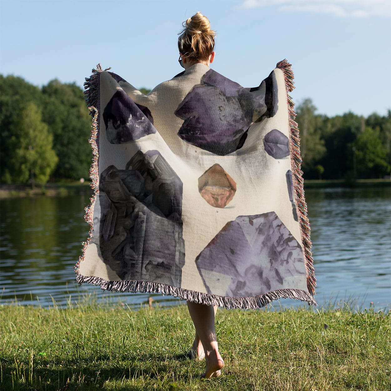 Amethyst Gemstones Woven Blanket Held on a Woman's Back Outside