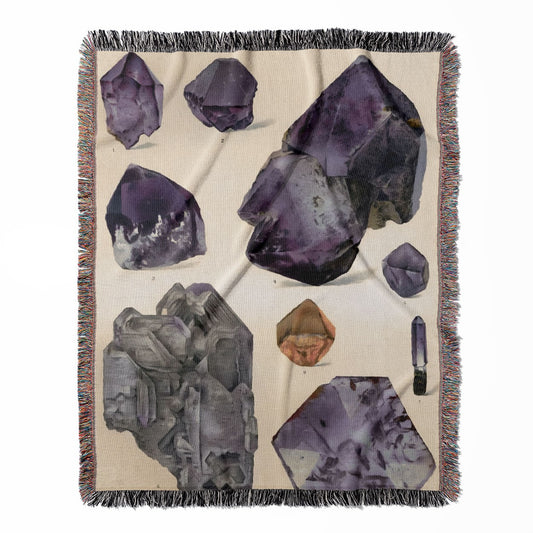 Amethyst Gemstones woven throw blanket, crafted from 100% cotton, delivering a soft and cozy texture with purple crystals and gems for home decor.