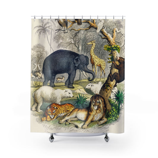 Animal Book Cover Shower Curtain with nature drawing design, educational bathroom decor showcasing animal illustrations.