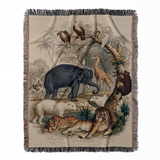 Animal Book Cover woven throw blanket, made of 100% cotton, presenting a soft and cozy texture with a nature drawing for home decor.