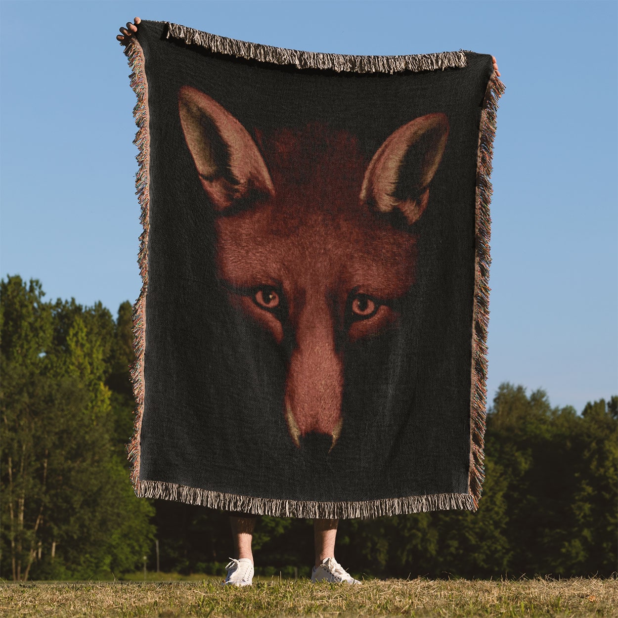 Animal Portrait Woven Blanket Held Up Outside