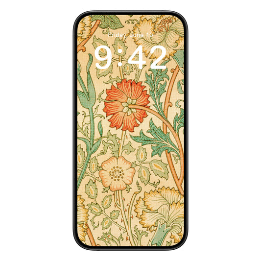 Antique Floral Pattern phone wallpaper background with william morris design shown on a phone lock screen, instant download available.