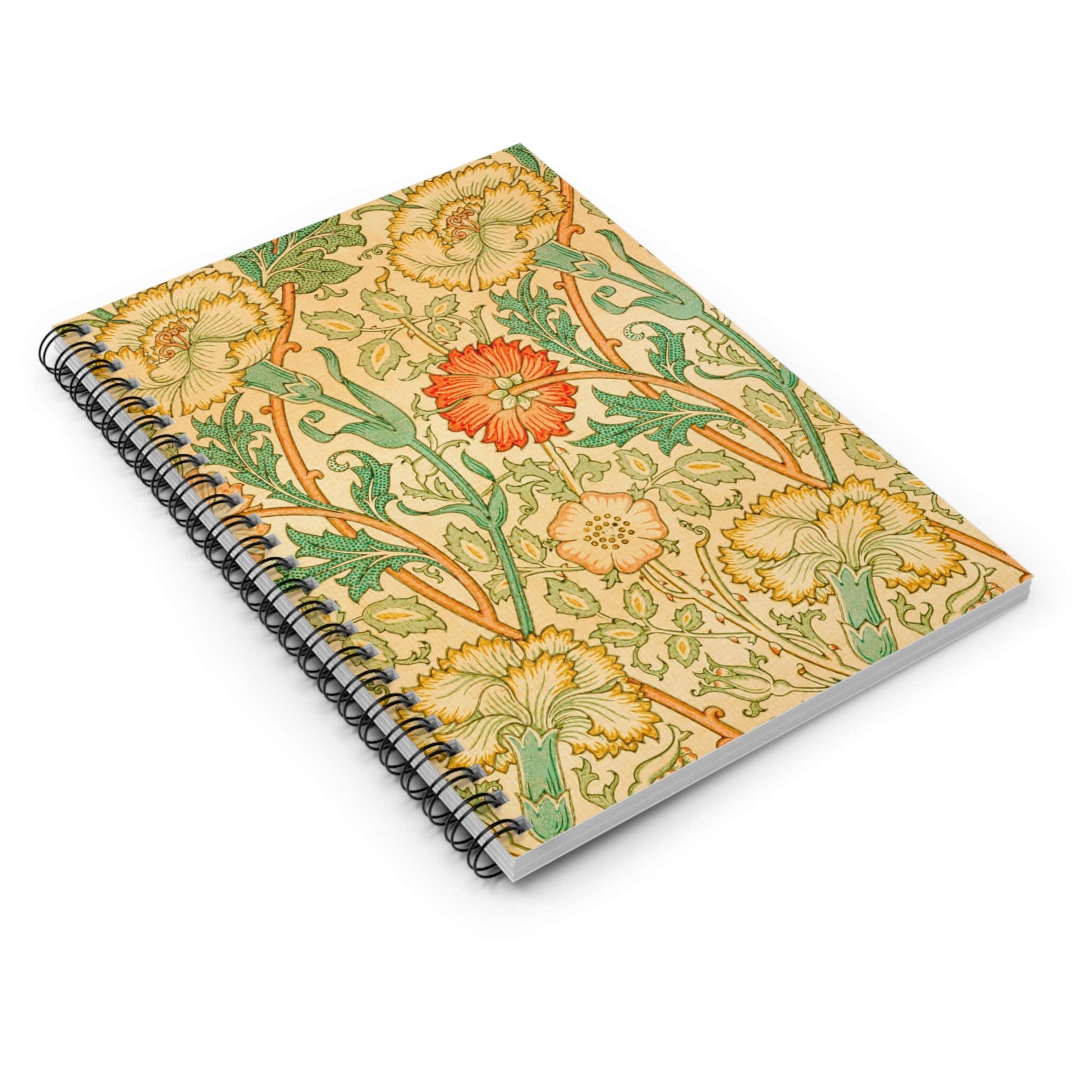 Antique Floral Pattern Spiral Notebook Laying Flat on White Surface