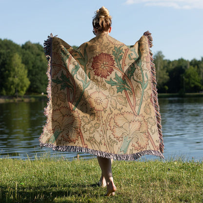 Antique Floral Pattern Woven Blanket Held on a Woman's Back Outside