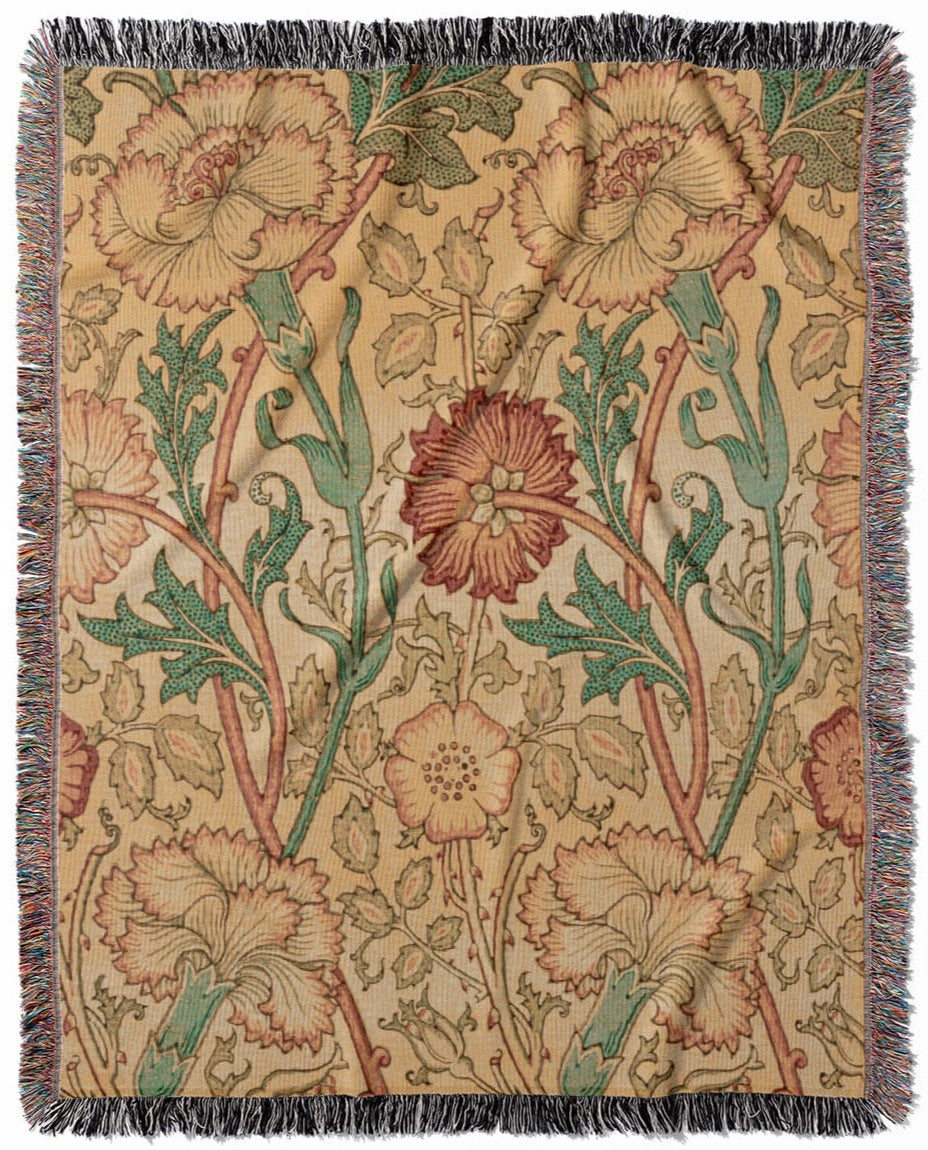 Antique Floral Pattern woven throw blanket, crafted from 100% cotton, delivering a soft and cozy texture with a William Morris design for home decor.