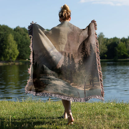 Antique National Park Woven Blanket Held on a Woman's Back Outside