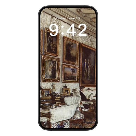 Antique Painting phone wallpaper background with victorian room design shown on a phone lock screen, instant download available.