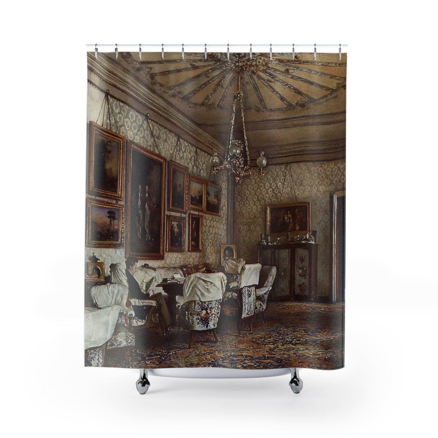 Antique Painting Shower Curtain with Victorian room design, historical bathroom decor featuring classic Victorian art.