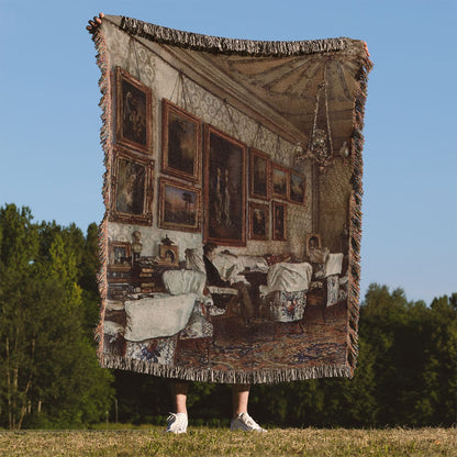 Antique Painting Woven Throw Blanket Held Up Outside