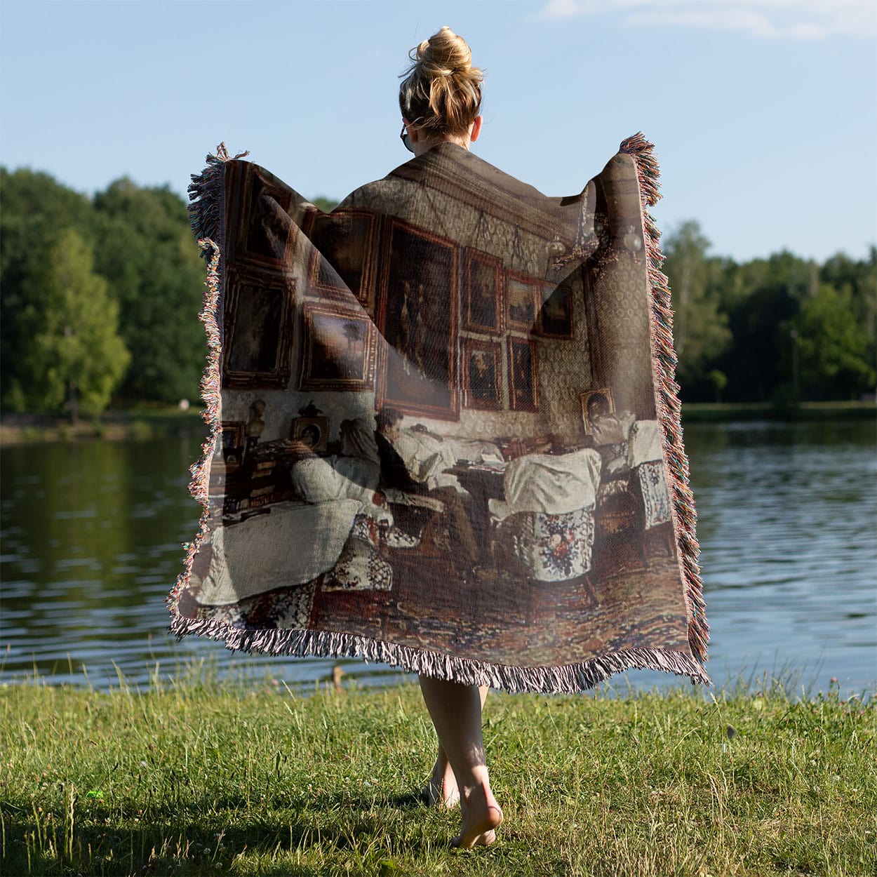 Antique Painting Woven Throw Blanket Held on a Woman's Back Outside