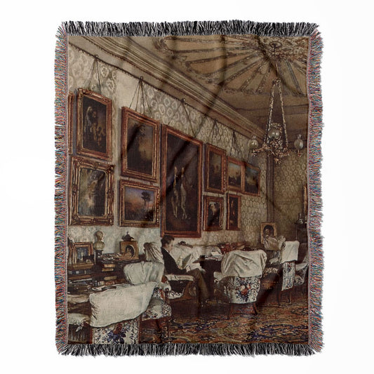 Antique Painting woven throw blanket, crafted from 100% cotton, delivering a soft and cozy texture with a Victorian room theme for home decor.