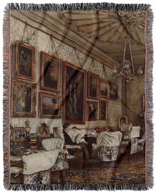 Antique Painting woven throw blanket, crafted from 100% cotton, delivering a soft and cozy texture with a Victorian room theme for home decor.