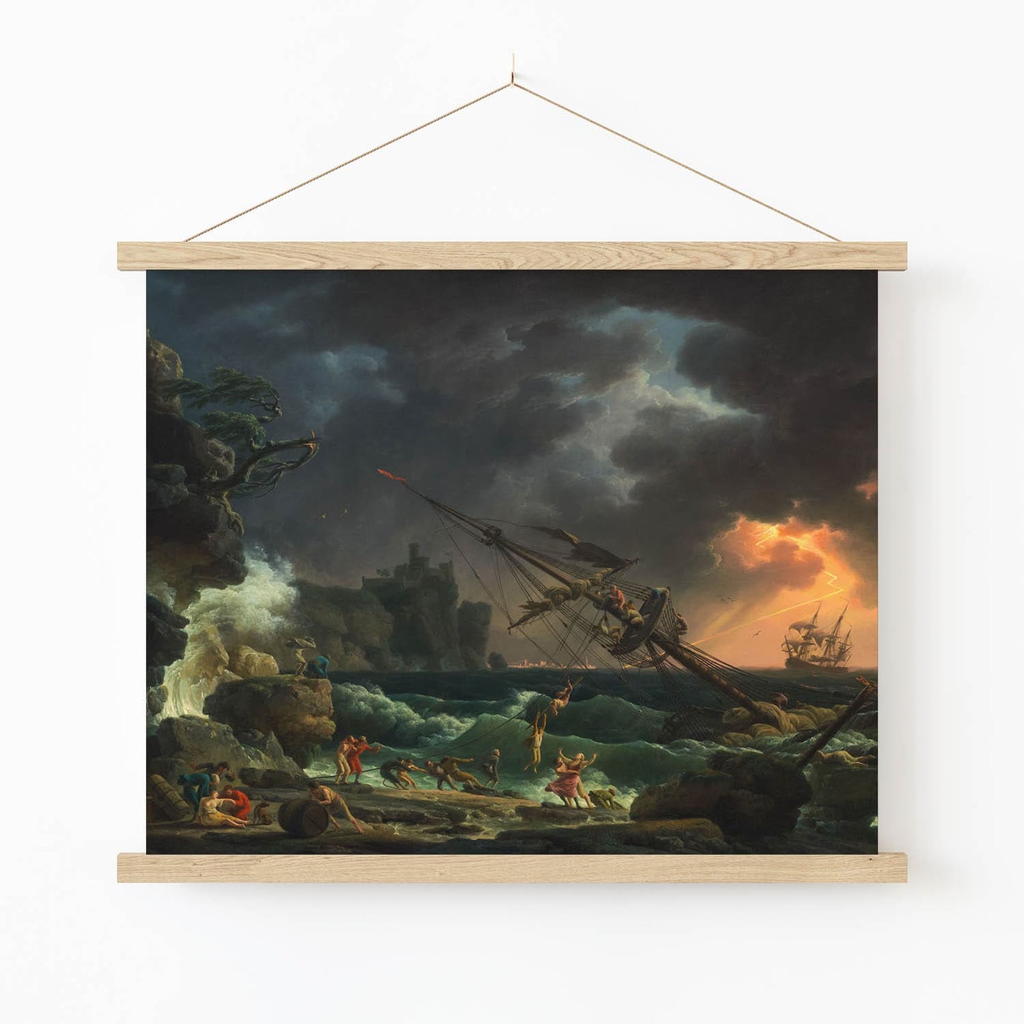 Antique Sea Painting Art Print in Wood Hanger Frame on Wall