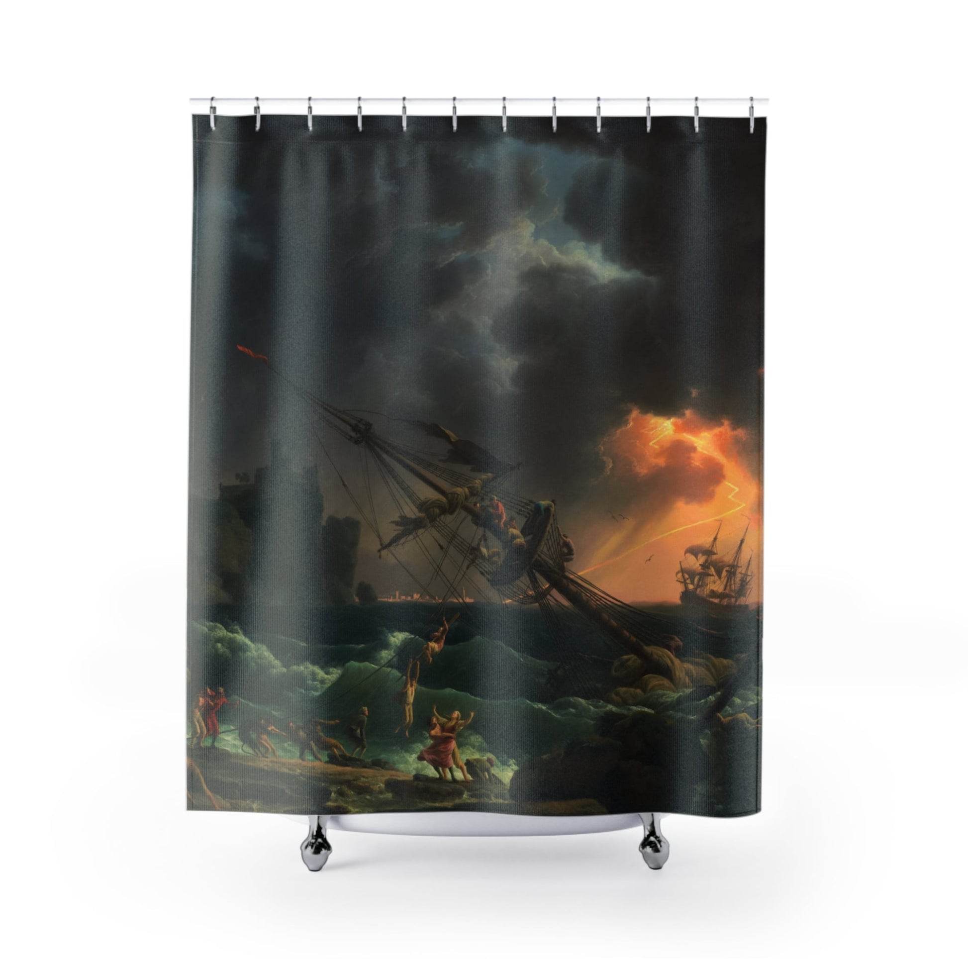 Antique Sea Painting Shower Curtain with shipwreck design, dramatic bathroom decor featuring historical sea art.