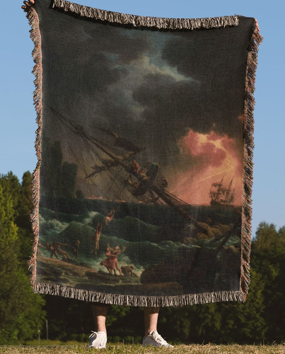 Antique Sea Painting woven throw blanket, crafted from 100% cotton, delivering a soft and cozy texture with a shipwreck theme for home decor.