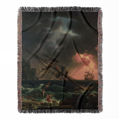 Antique Sea Painting Woven Throw Blanket Held on a Woman's Back Outside