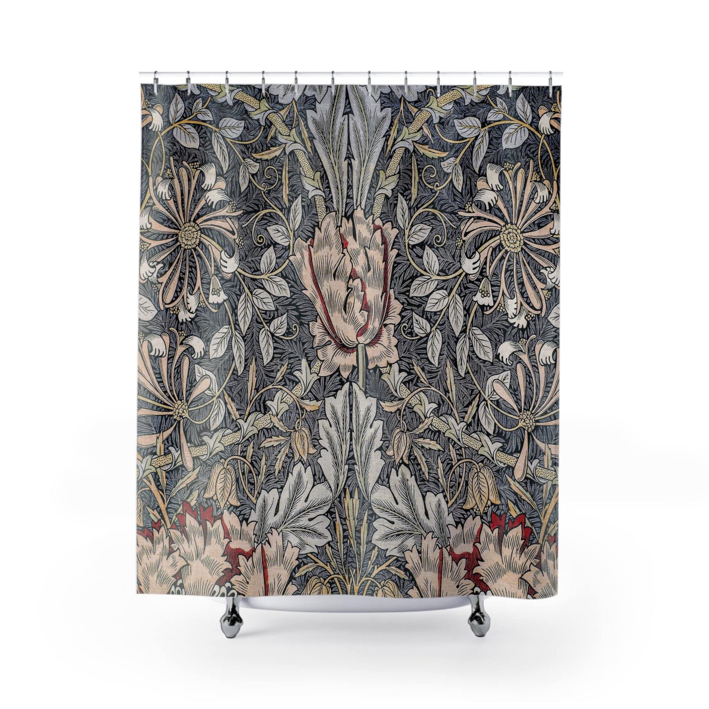 Antique Wallpaper Shower Curtain with honeysuckle design, vintage bathroom decor featuring classic botanical patterns.