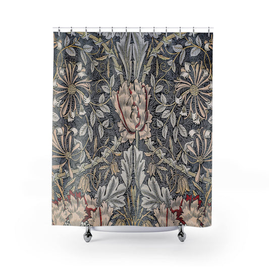 Antique Wallpaper Shower Curtain with honeysuckle design, vintage bathroom decor featuring classic botanical patterns.