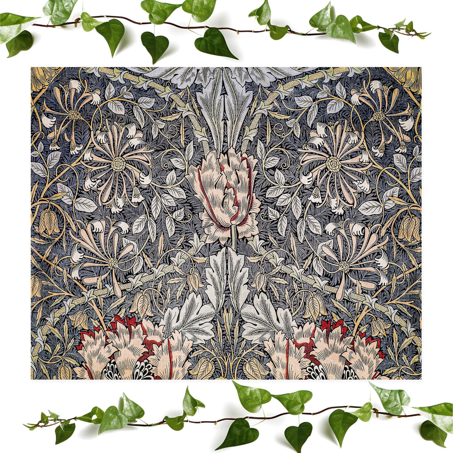 Vintage wallpaper art print featuring honeysuckle, perfect for antique wall decor.
