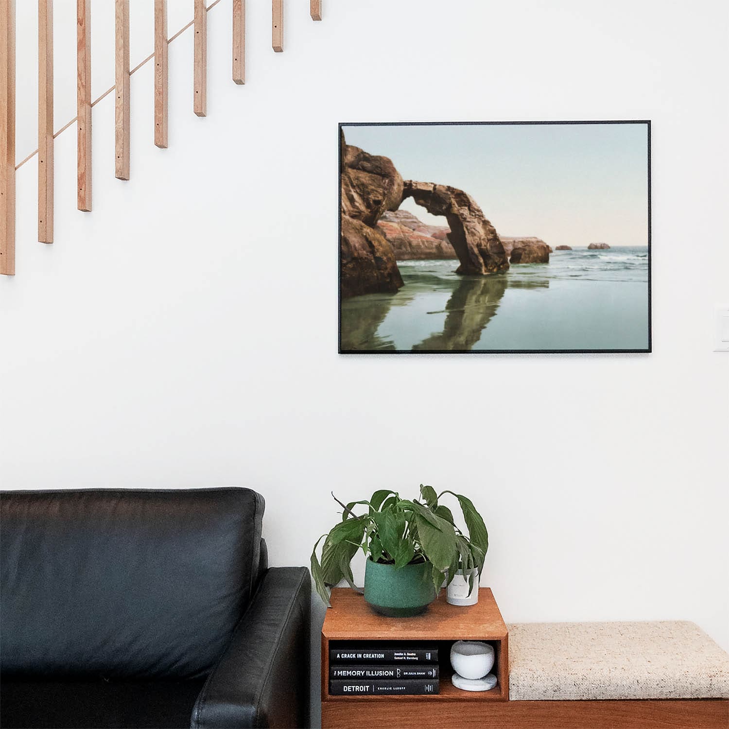 Arch Rock California Coast Wall Art Print in a Picture Frame on Living Room Wall